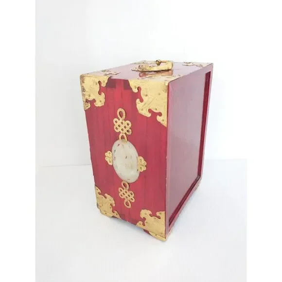 Vintage Chinese Rosewood Jewelry Box Ornate Brass Jade Inlay